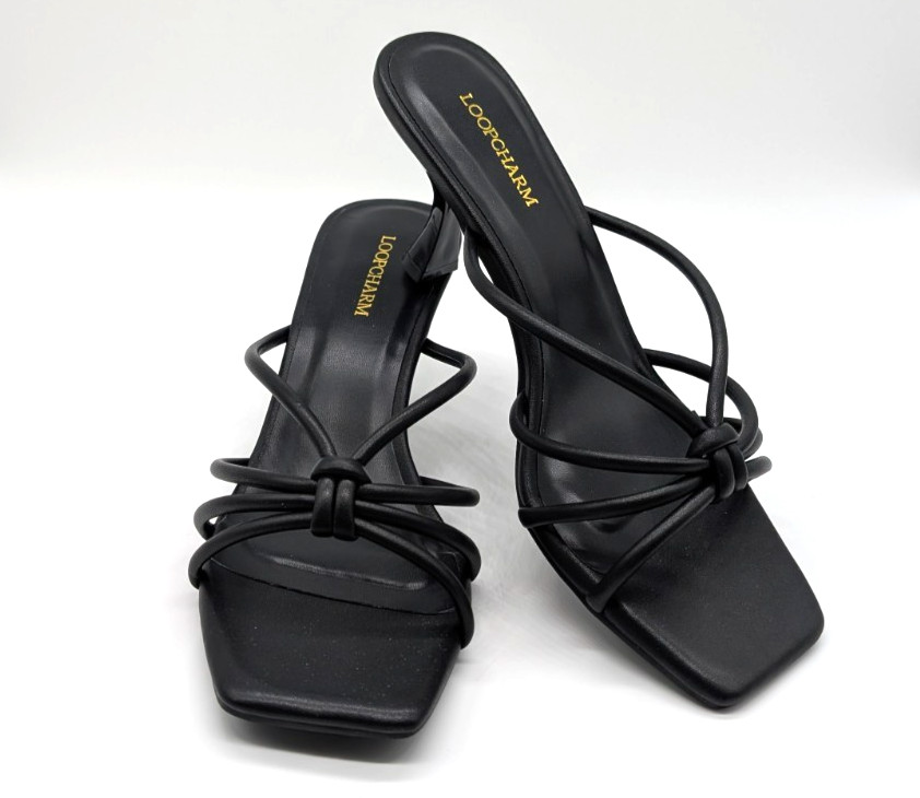 LoopCharm Strappy Heeled Sandals Slides Mules 7.5 Black Square Toe Casual Dressy