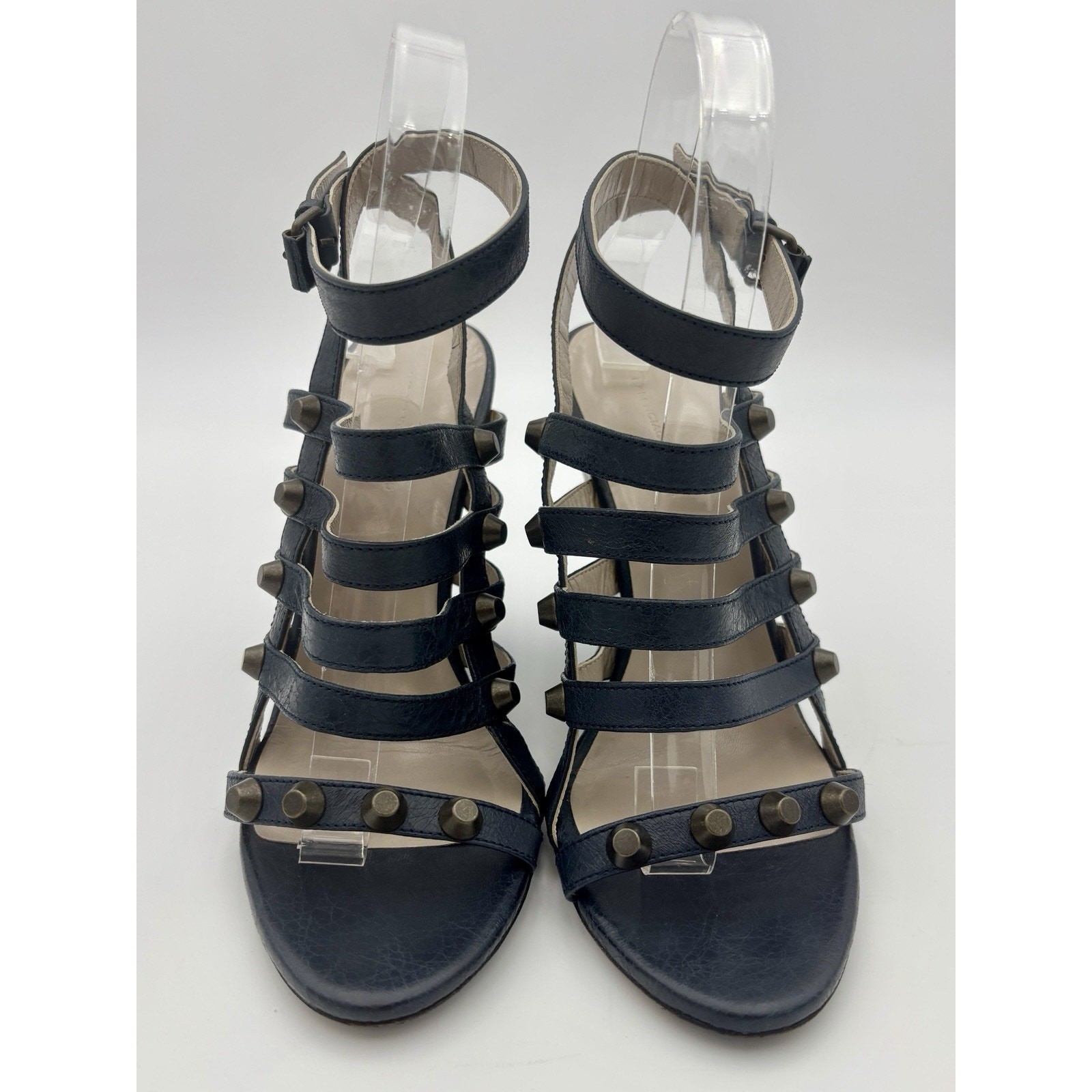 Balenciaga Wedge Sandals Navy Blue Leather Studded Size 39 / 9 Ankle Strap