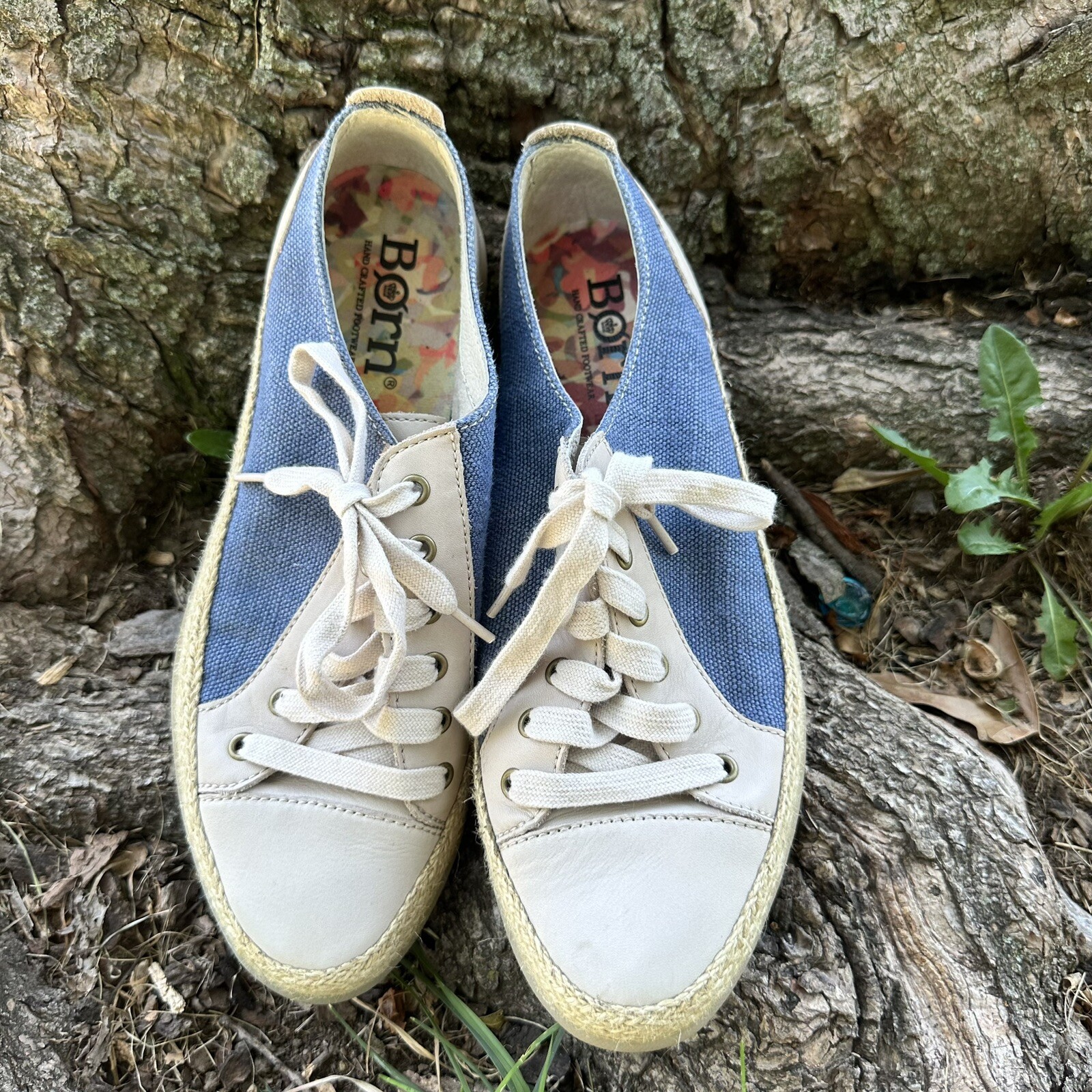 Born Corfield Blue Canvas Leather Espadrille Sneakers 9M Floral Insole Coastal