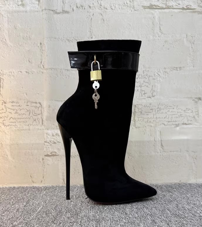 Womens Lock 16cm High Stiletto Heels Sexy Pointed Toe Metal Ankle Boots Shoes