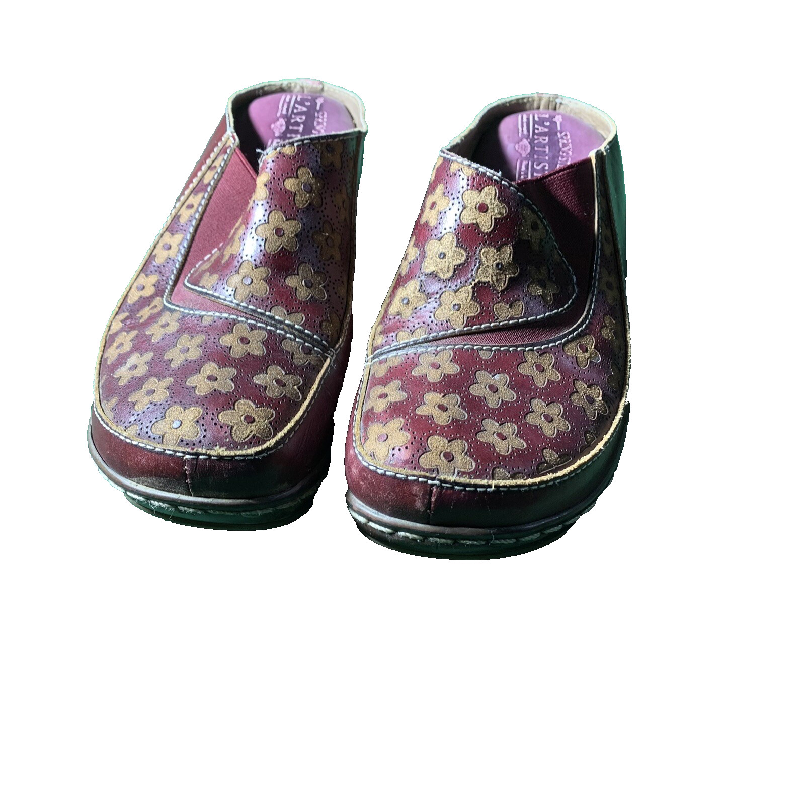 Spring Step L’Artiste Womens 6 Red Leather Floral Accent Comfort Clog BOHO