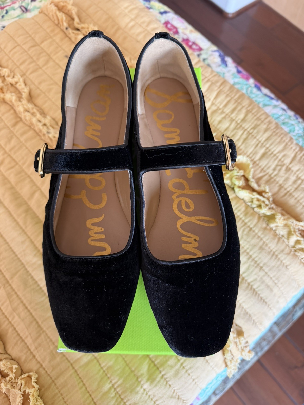 Sam Edelman Michaela Black Velvet Mary Jane Flats gold buckle 7.5
