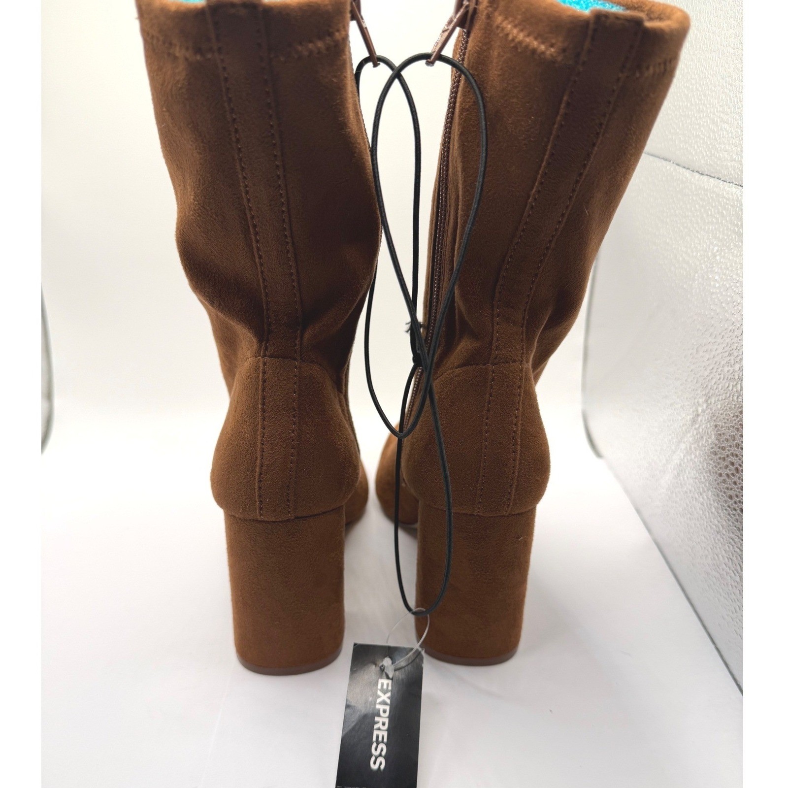 Express Womens Cognac Brown Faux Suede Pointed Toe Block Heel Sock Boots 7 NEW