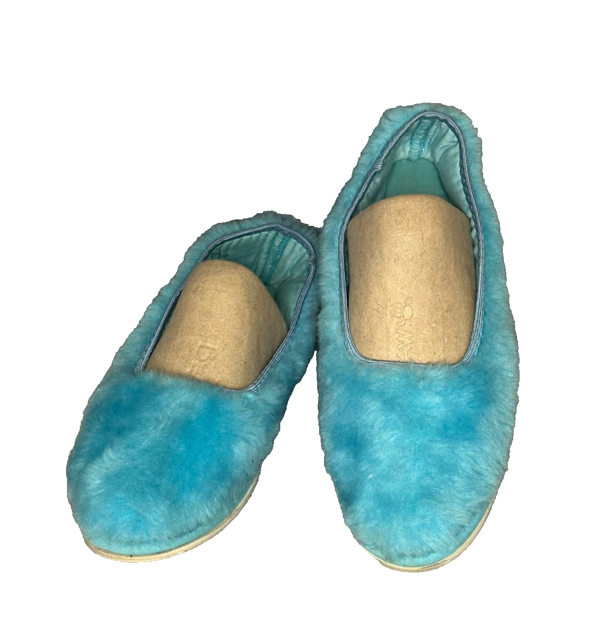 Vtg Fluff Scuff Fuzzy Faux Fur aqua blue Slippers Rubber Sole Medium 6.5-7.5