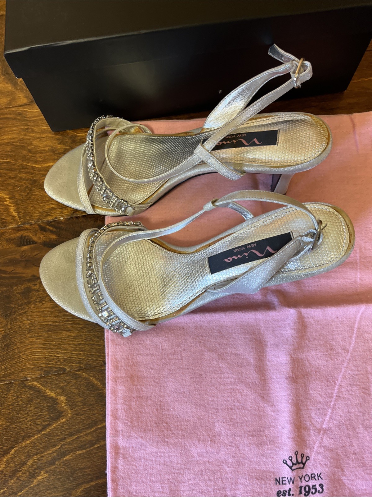 Silver Rhinestone Heels Women’s 6.5 Nina Sparkly Strappy Evening Prom Dressy