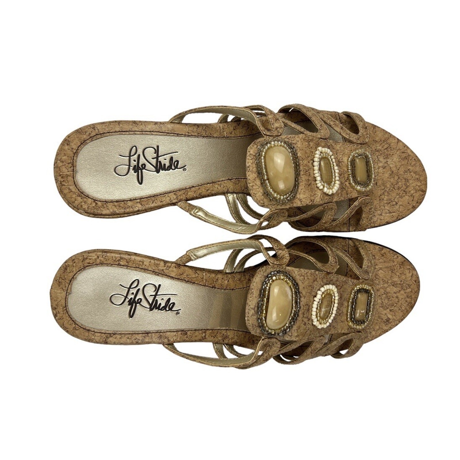 Life Stride Sandals Womens 9.5 Beige Urban Cork Wedge Strappy Slide