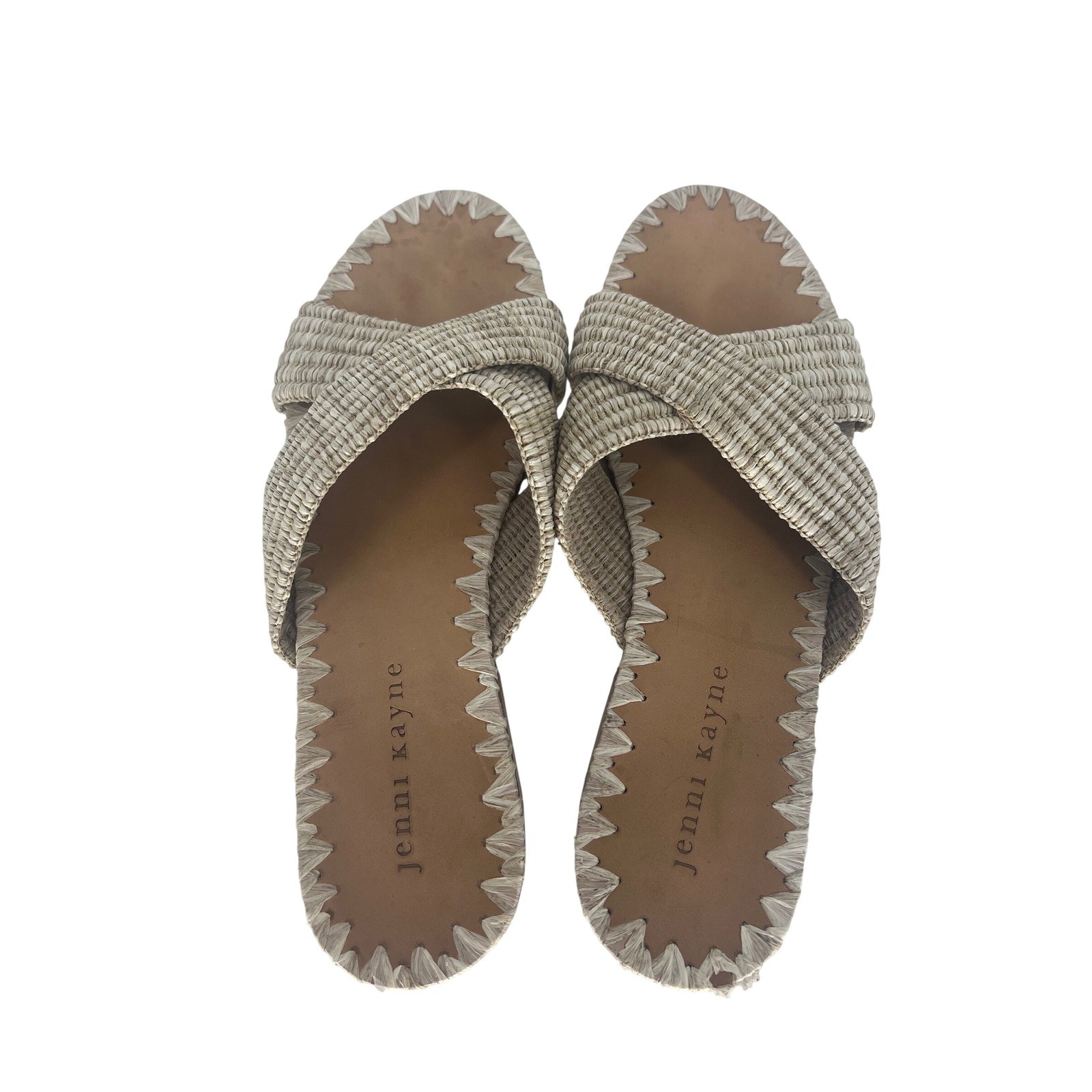 Jenni Kayne Raffia Crossover Sandals Tan Cream Woven Flat Slides Size 38