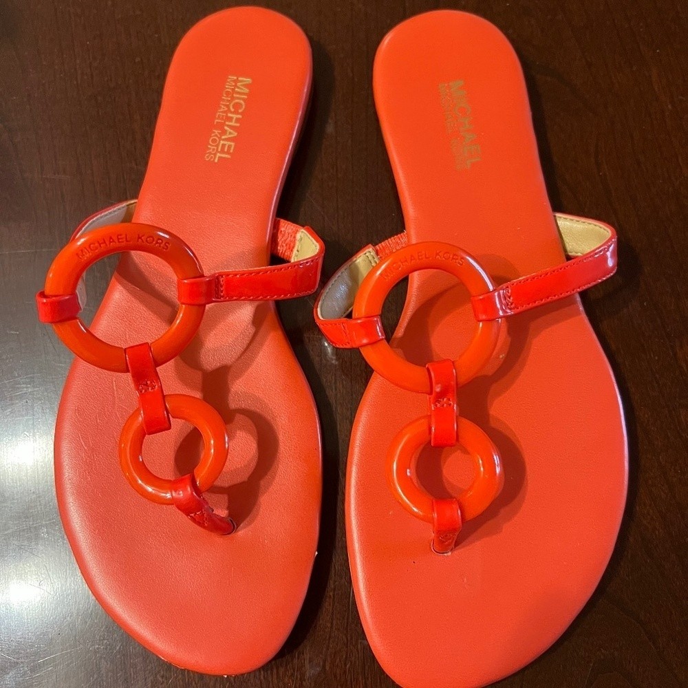 Michael Kors Orange Leather Flat Sandals with Circular Accents Size 5.5M