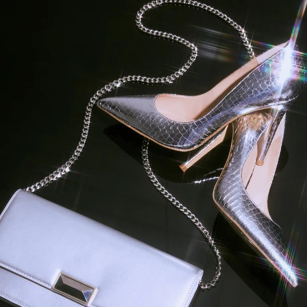 Silver Textured Metallic Heels Pointed Toe Pumps Shoes for Women FSJ202312184