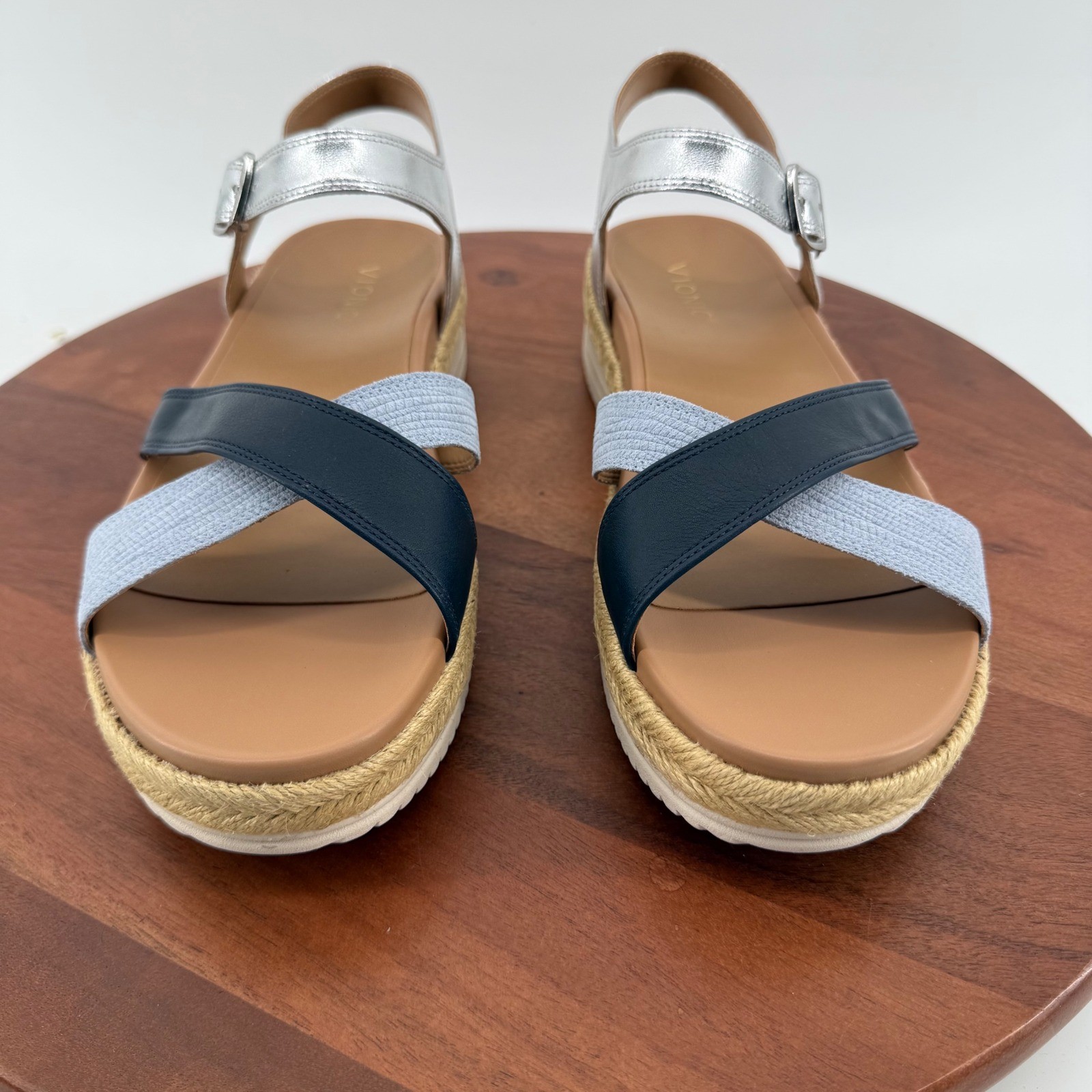 Vionic Mar Navy Multi Leather Platform Espadrille Orthotic Sandals Womens 11M