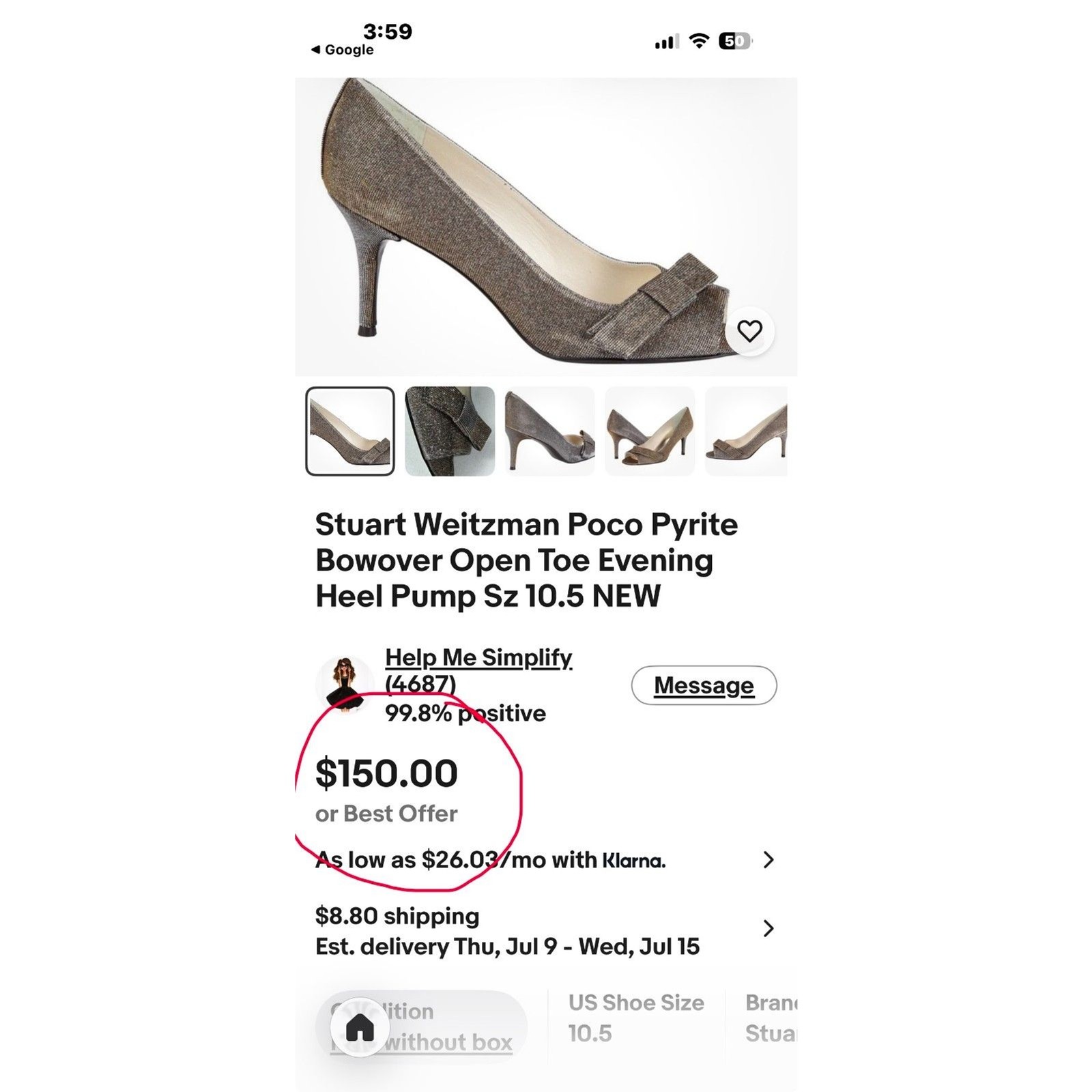 Stuart Weitzman Metallic Glitter «Bowover» Peep Toe Pump 7N EUC $398