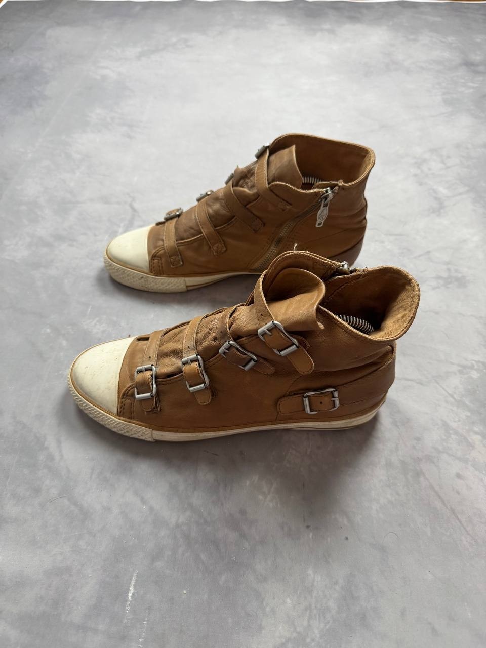 ASH Limited Brown Leather High Top Sneakers Buckle Strap Zip Women EU 40