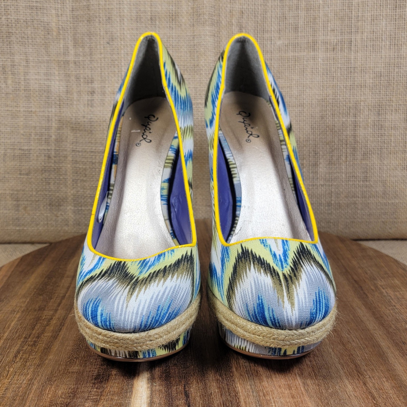 Qupid Platform Heels Blue Yellow White Print Espadrille Pumps Women’s Size 9