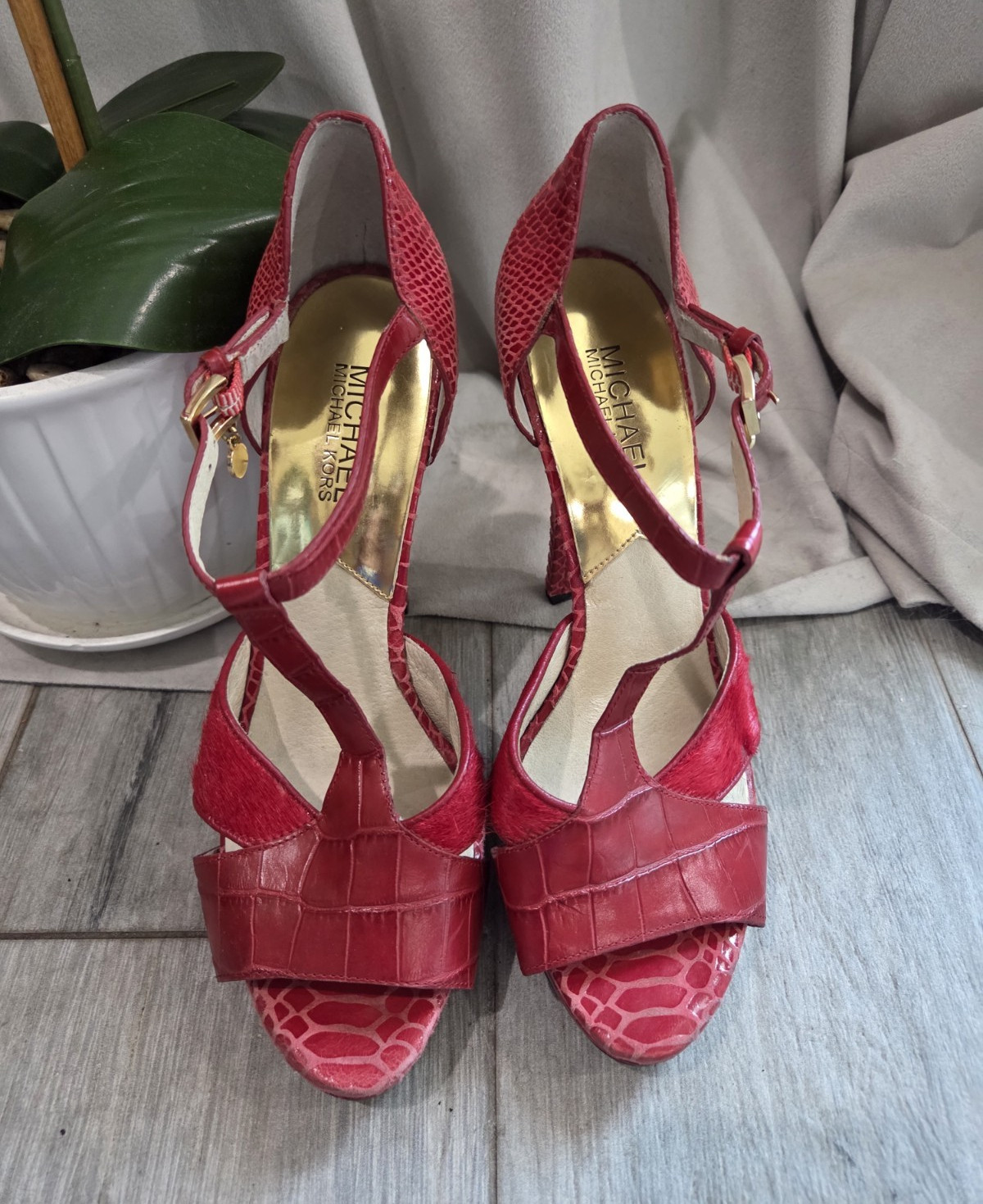 Michael Kors Red Snake Embossed Strappy Open Toe Ankle Strap Heels 9