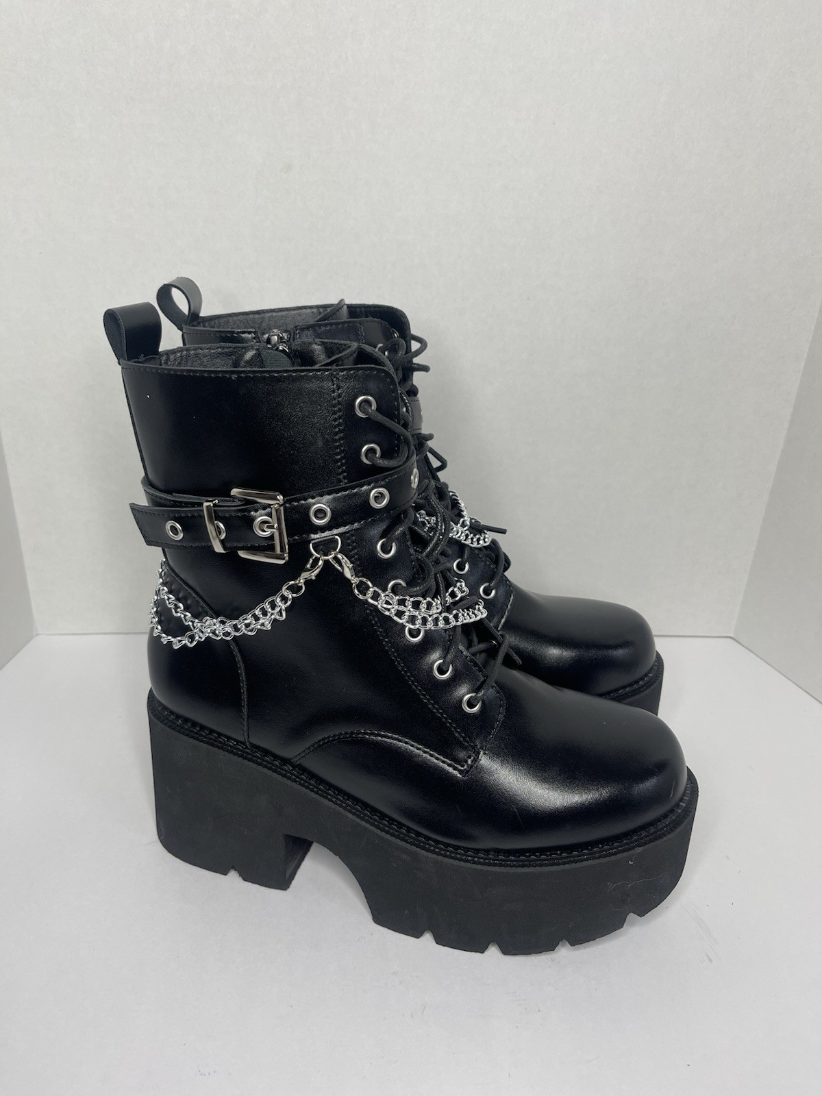 Women’s Platform Goth Punk Mid‑Calf Boots –Black – Chunky Heel, Studded| Size 40