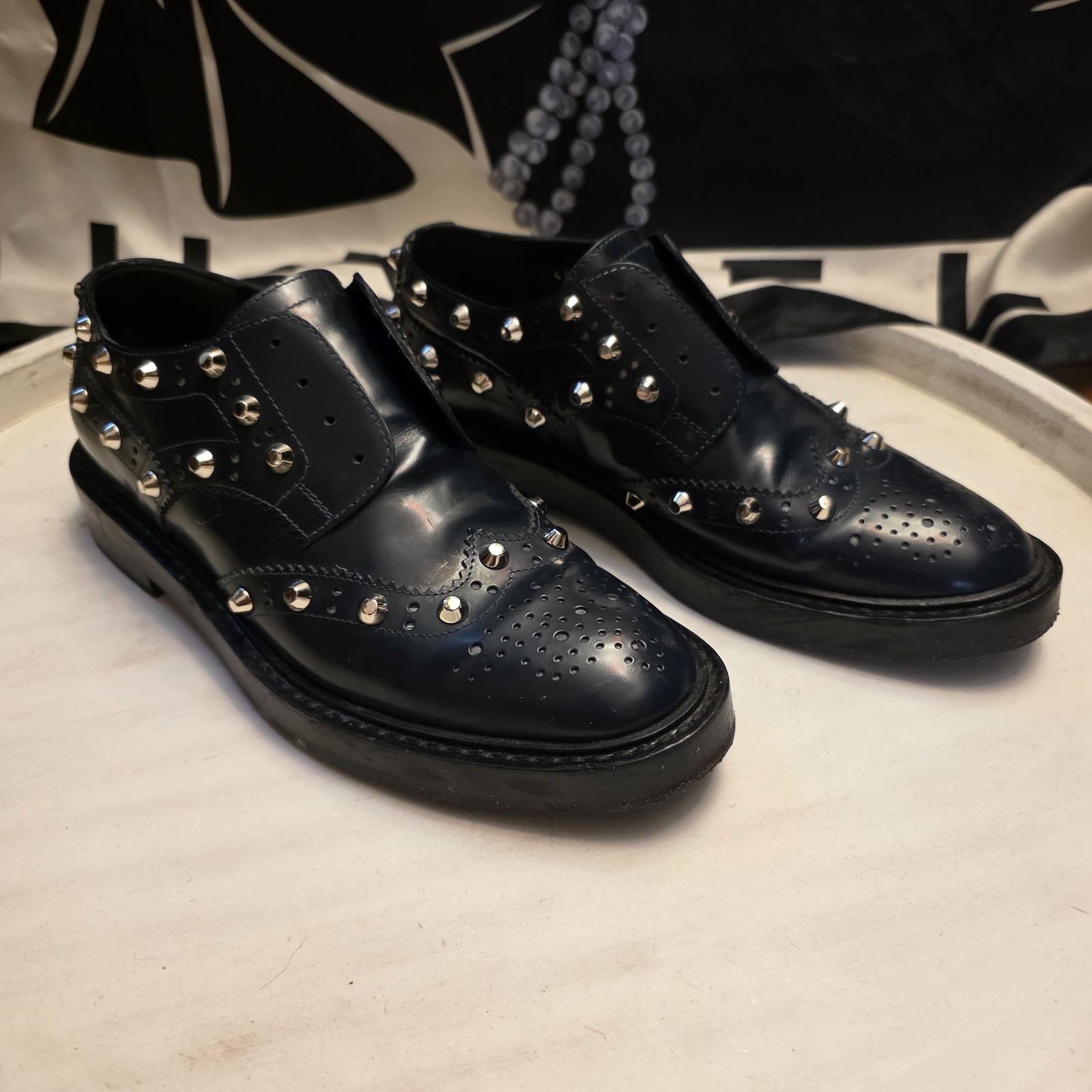 Balenciaga Women’s Black Leather Studded Slip On Loafers. Size 38