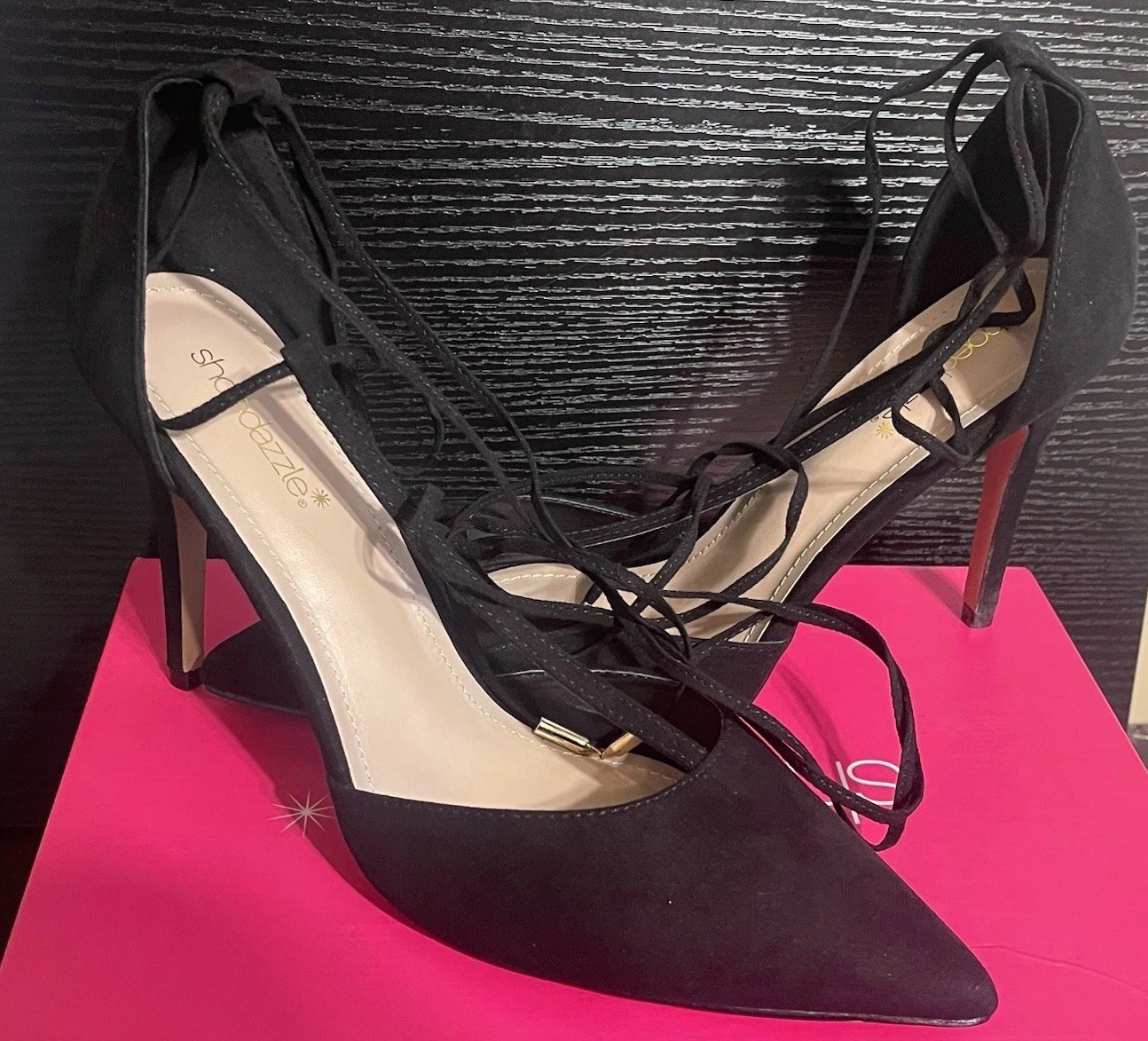 ShoeDazzle Black Faux Suede Pointed Toe Lace-Up Pumps Stiletto US 10