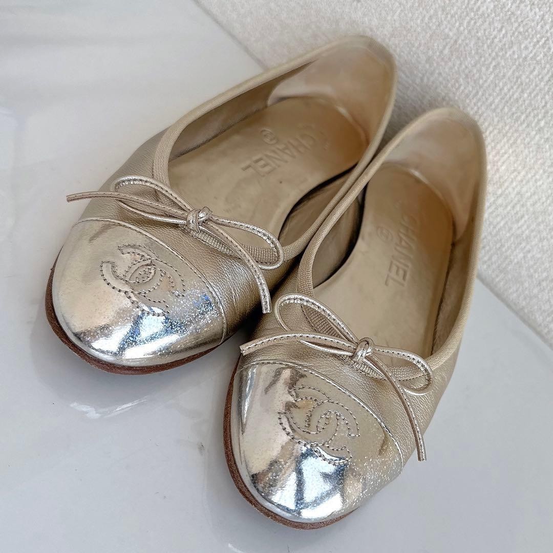 CHANEL Cocomark Ballerina Flats Leather Logo Ribbon Italy Used