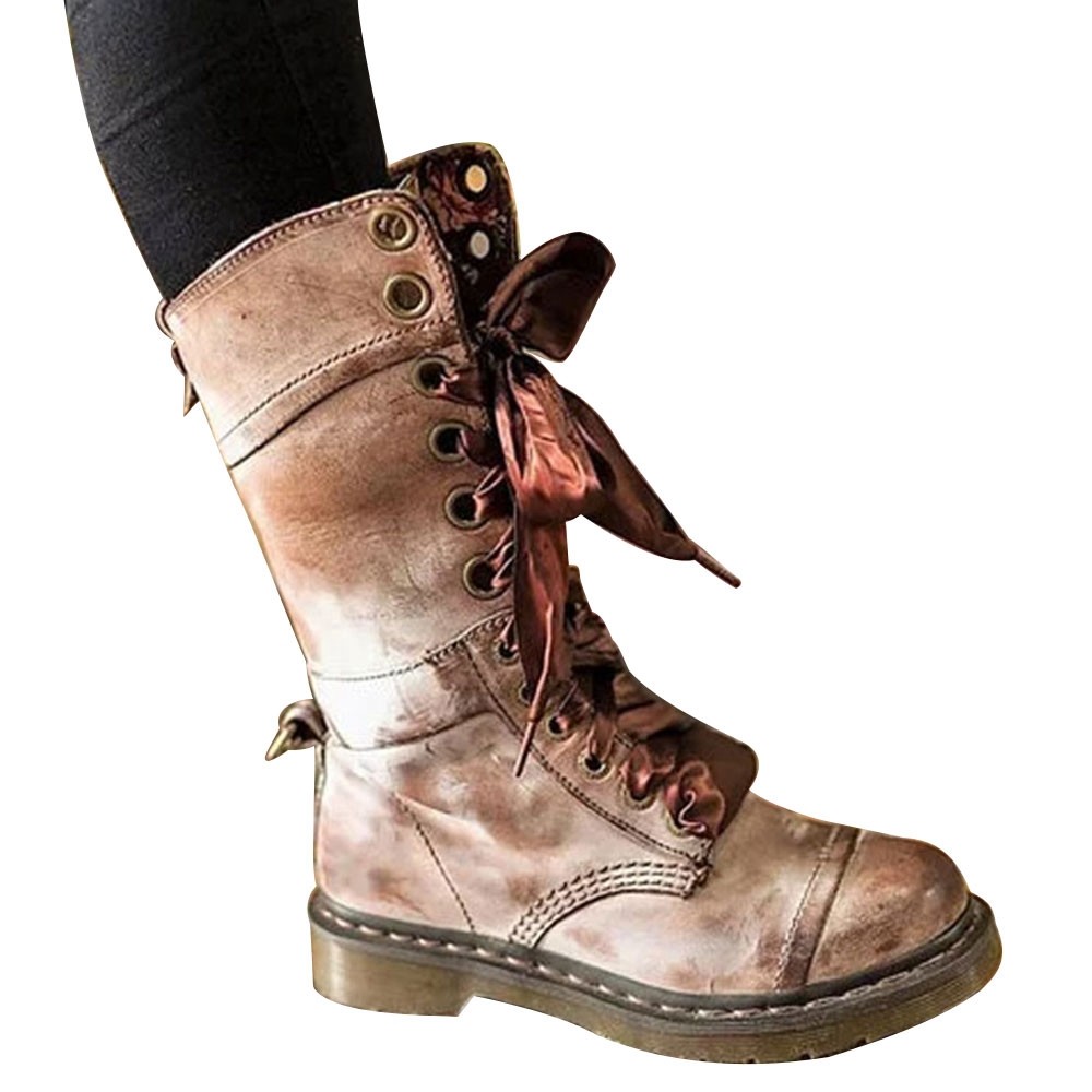 Retro Womens Mid Calf Boots Lace Up Biker Punk Military Combat Ankle Bootie Shoe