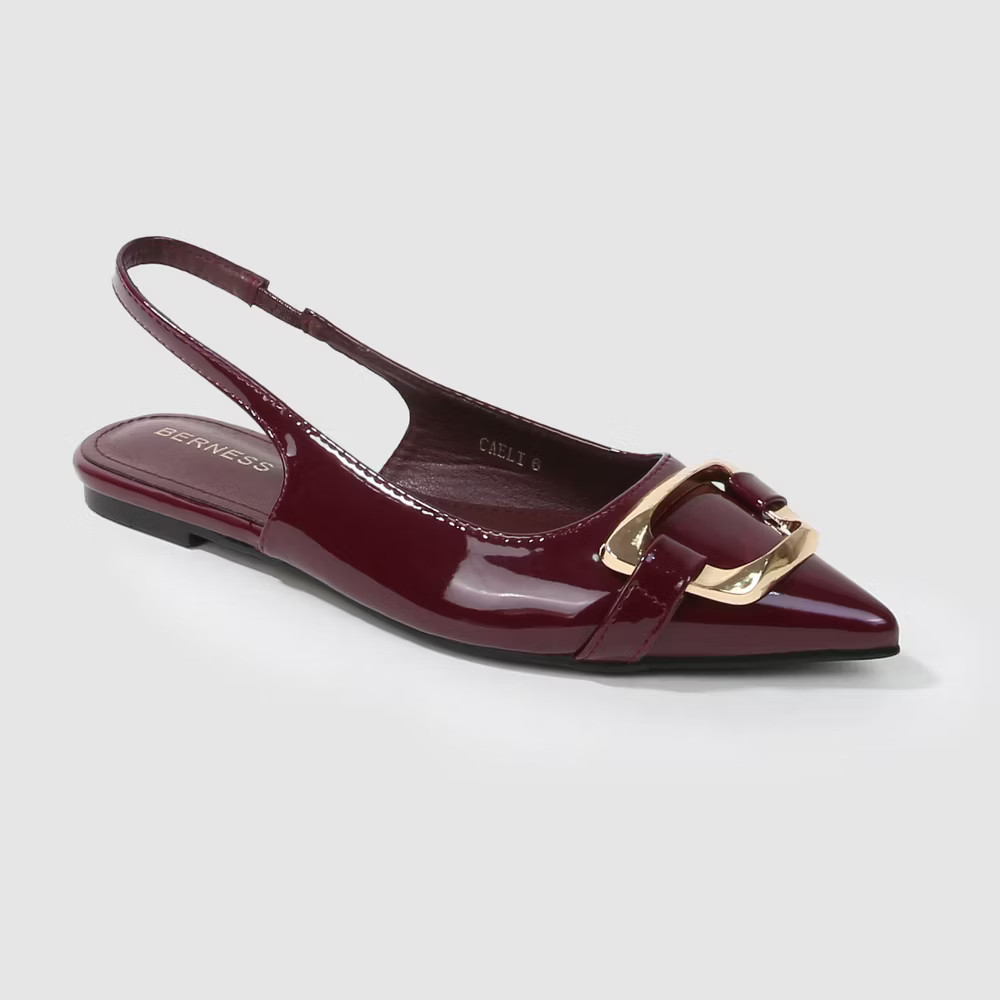Berness Women Caeli Patent Slingback Flats with Gold Oversized Buckle Mocha 10
