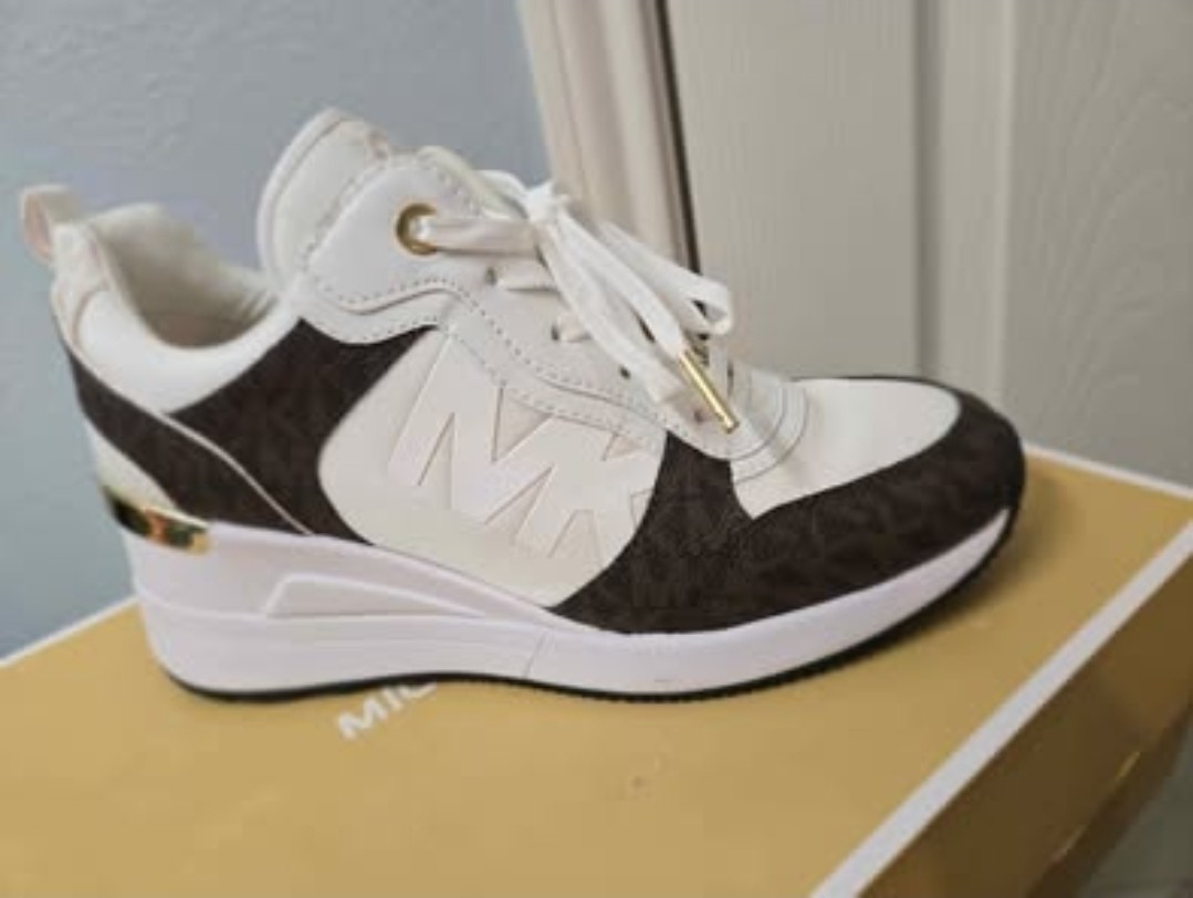 Michael Kors Women’s White Brown Gold Logo Lace Up Wedge Sneakers Designer