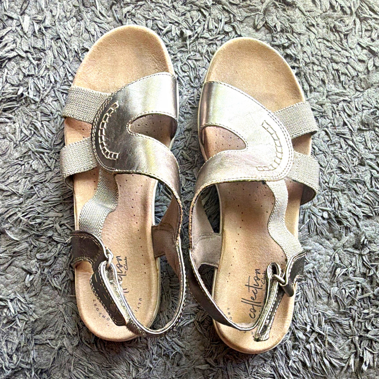 Clarks Women’s Silver Leather Strappy Hook & Loop Sandals Wide W Size 8
