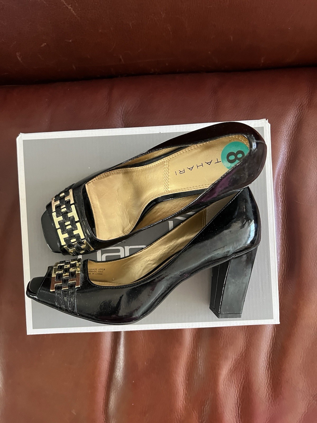 Tahari Black Patent Leather Block Heels Size 8M Decorative Gold-toned Buckle