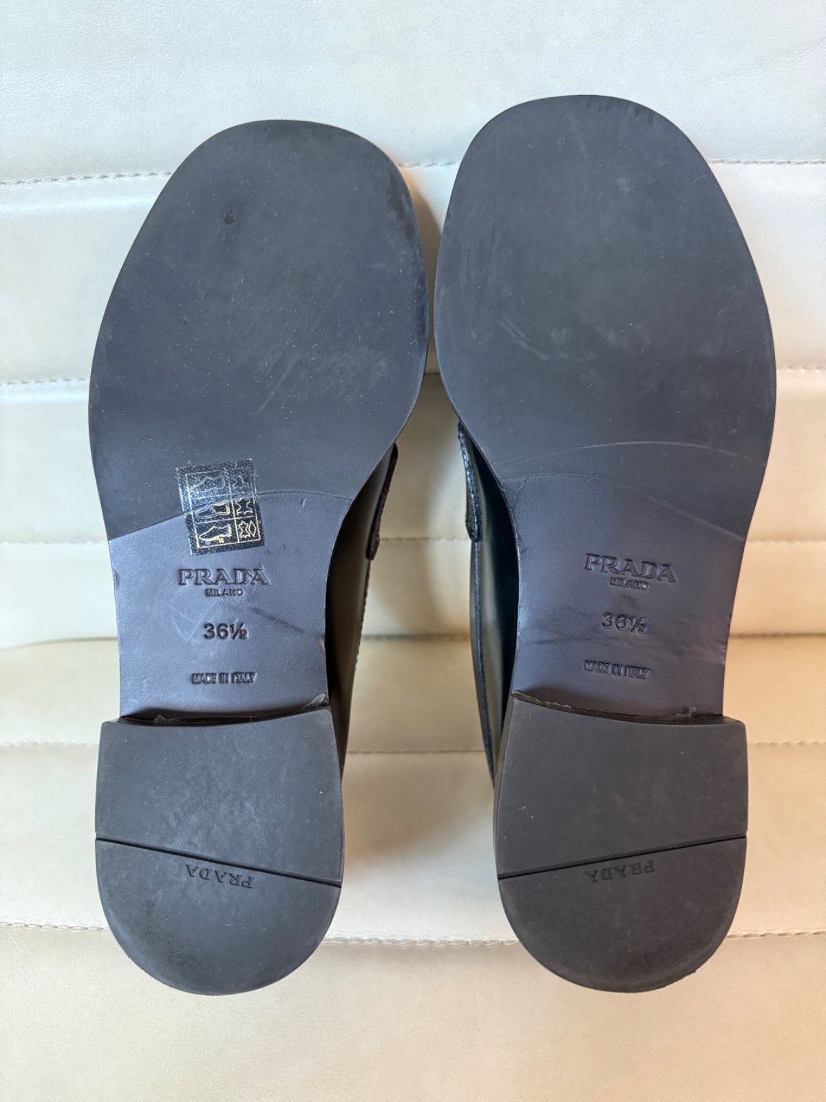 PRADA Womens Black Leather Metal Triangle Logo Loafers Shoes