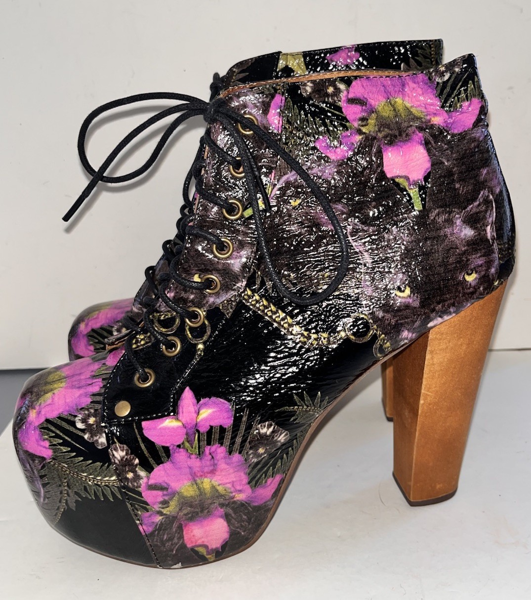 Jeffrey Campbell Lita Purple Panther Platform Ultra High Lace Up Booties 7.5 EUC