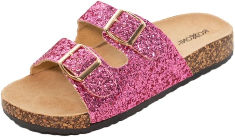 Very Peri Womens Glitters Comfort Flat Sandals Double Buckle Straps Flat Slides