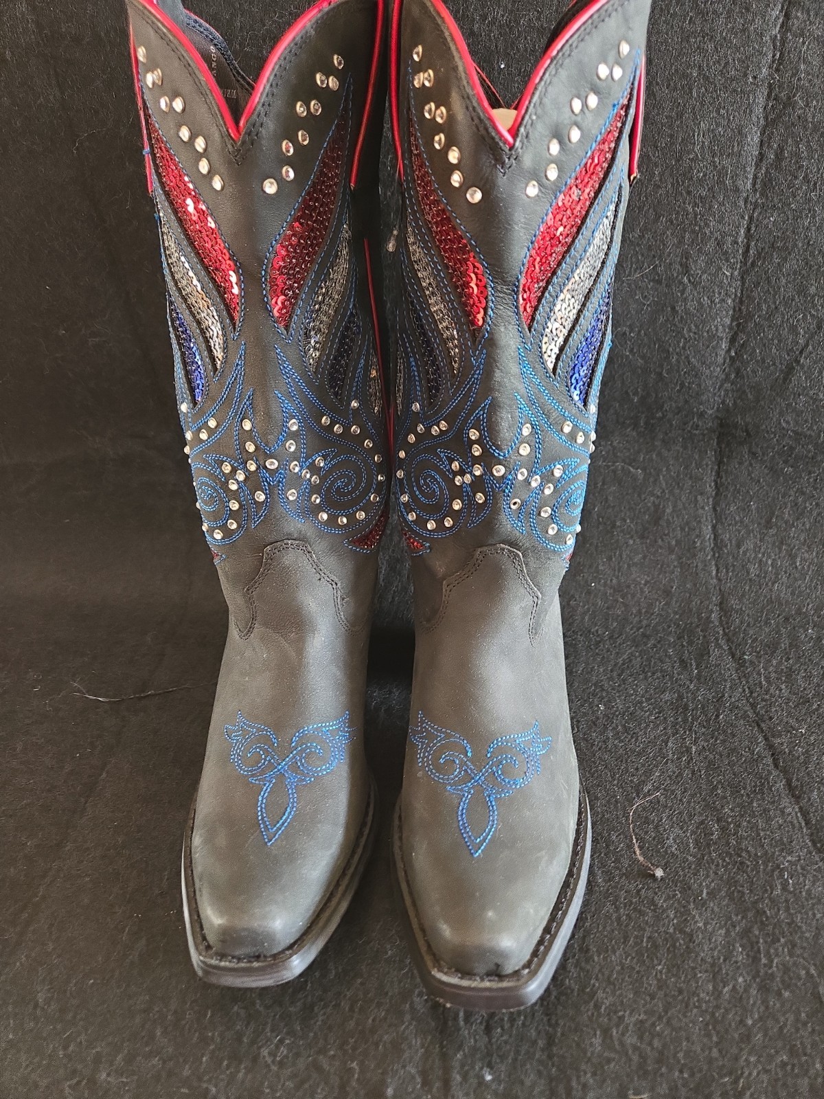 Durango Cowgirl Boot Patriotic Red White Blue Accents Wms 7W Blk Leather NEW