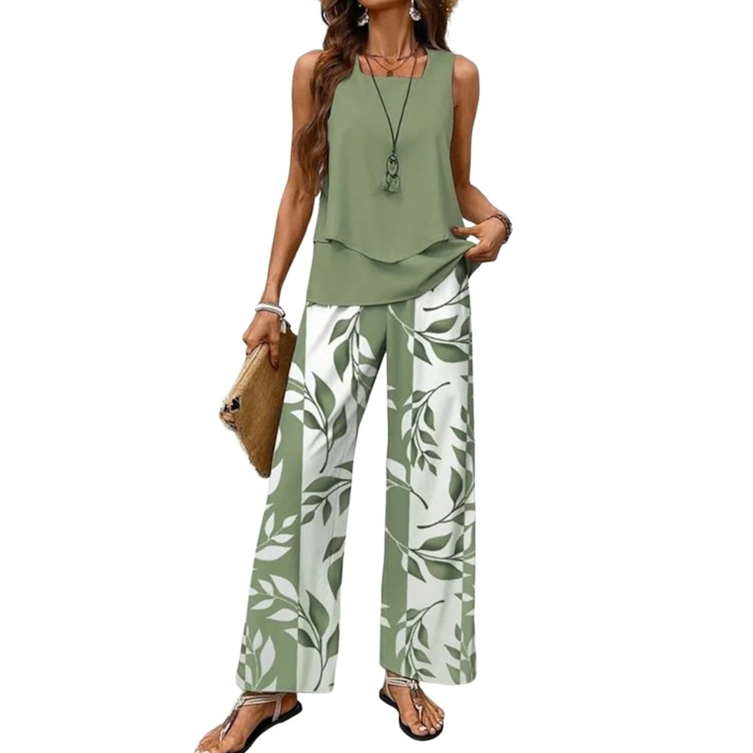 2Pcs Women Lounge Set, Tiered Vest, Solid Pants, Daily Casual Wear