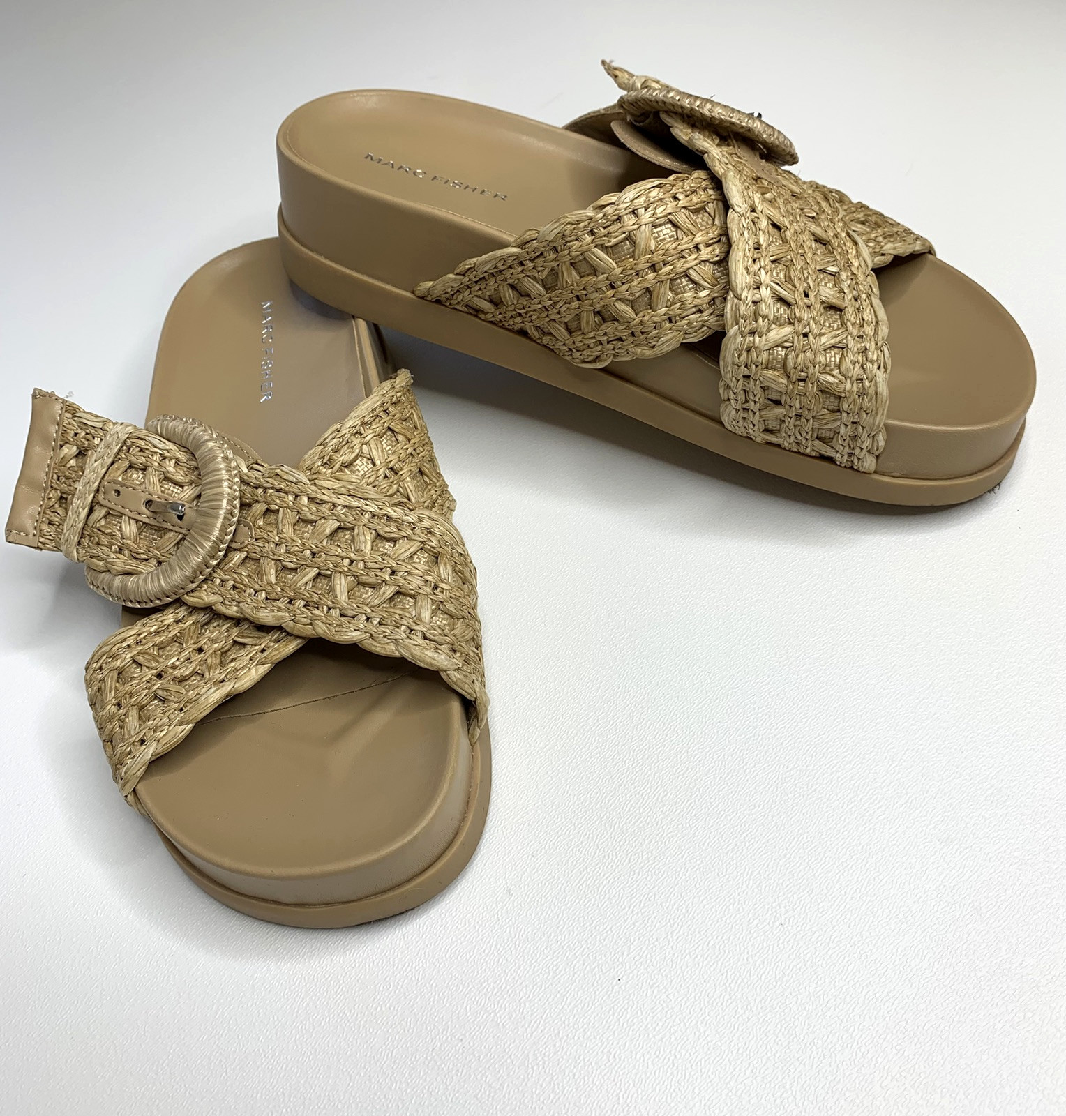 Marc Fisher Welti Sandals Slip On Slide Platform Wedge Tan Straw Buckle 7M