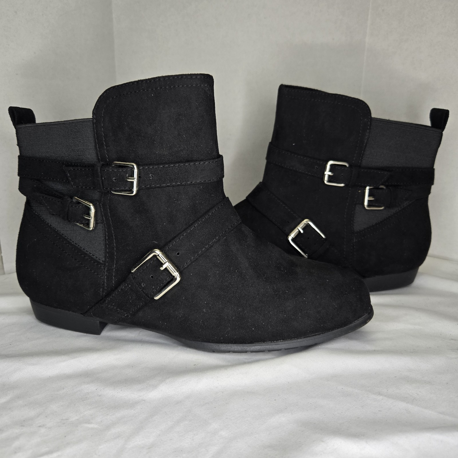 SO Alessia Zip Ankle Boots Black Womens 9 Buckle Stretch Goth Boho Punk Grunge