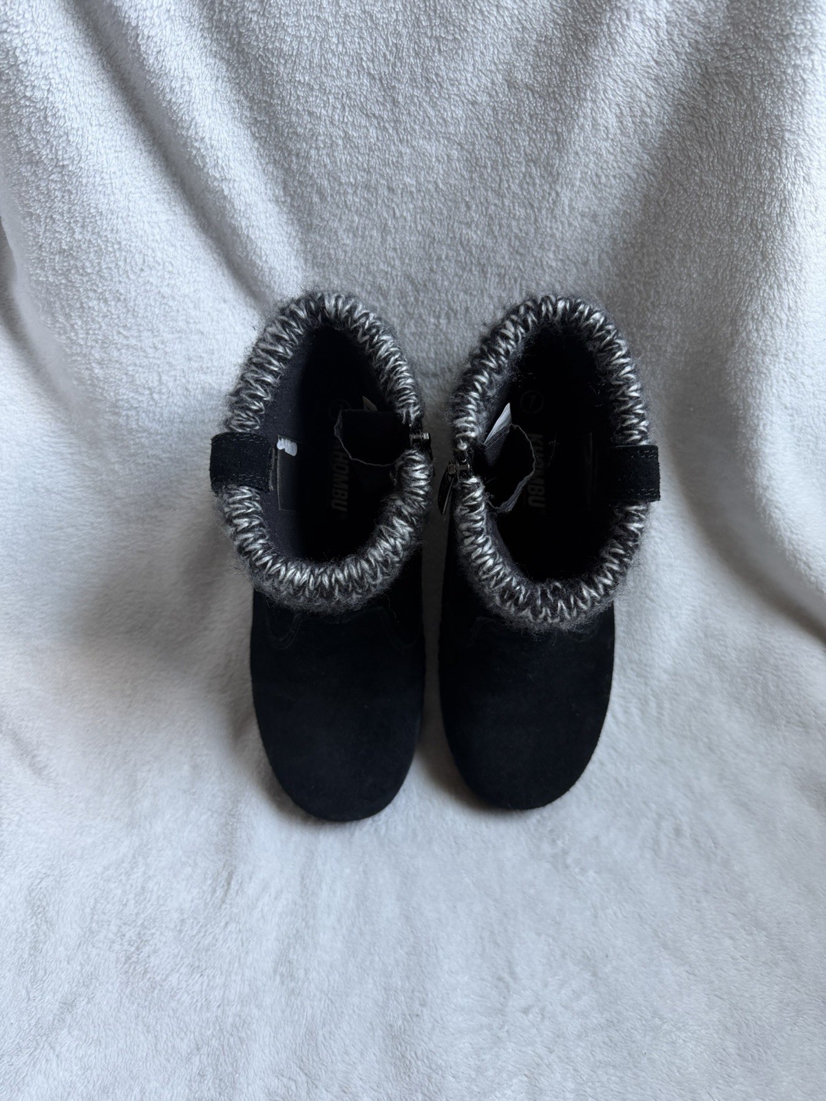 black faux fur ankle boots with grey fuzzy trim