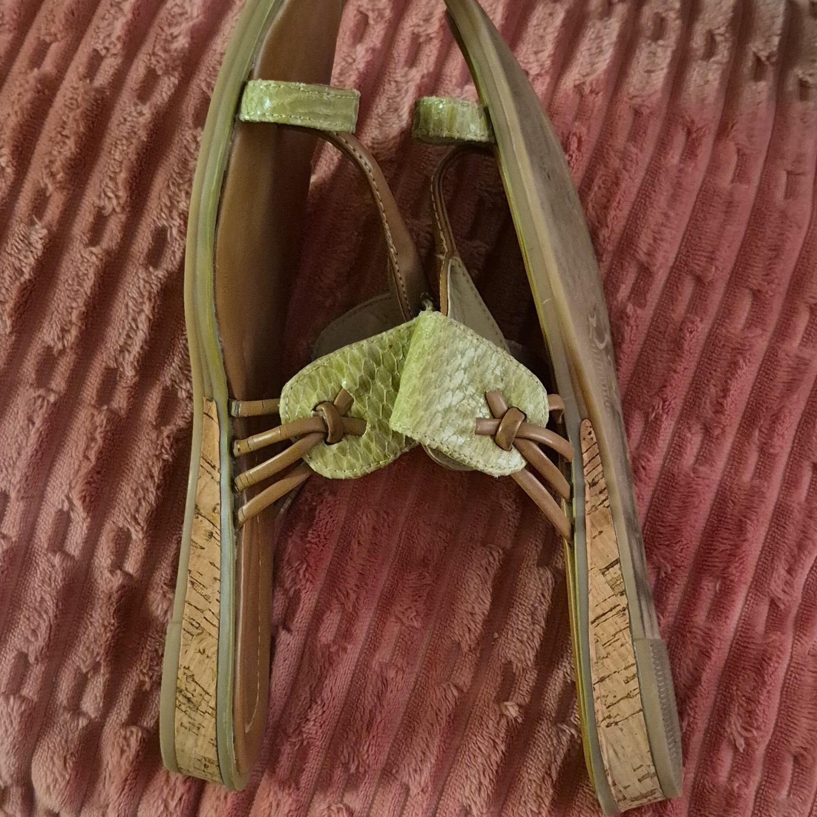 Kim Rogers Women’s Thong Slip-On Sandals Leather Brown Green Knot Size 8