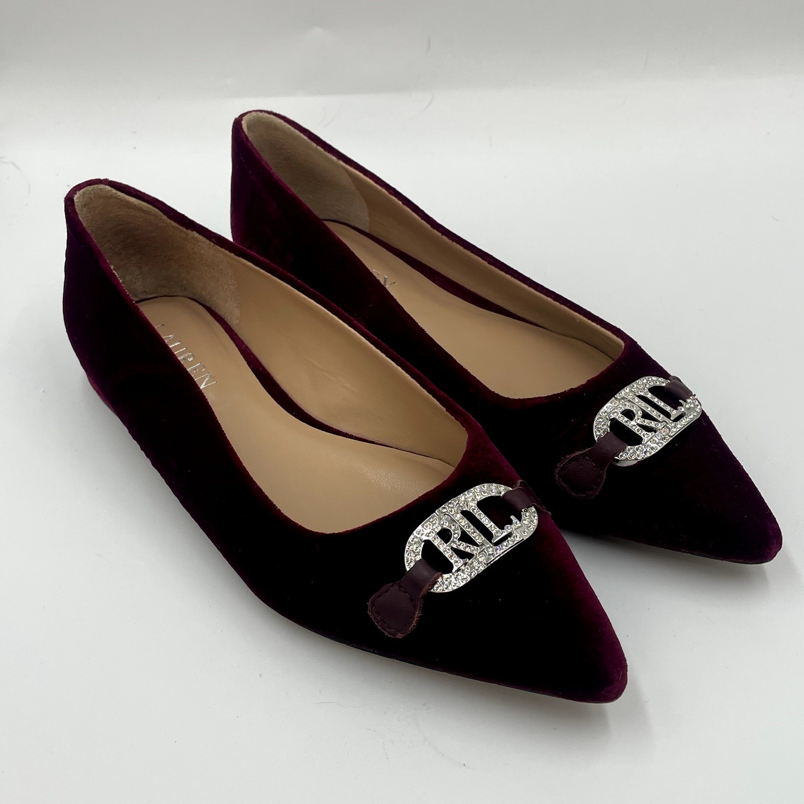Lauren Ralph Lauren Lilah Velvet Crystal Logo Pointed Toe Flats 7.5 Burgundy