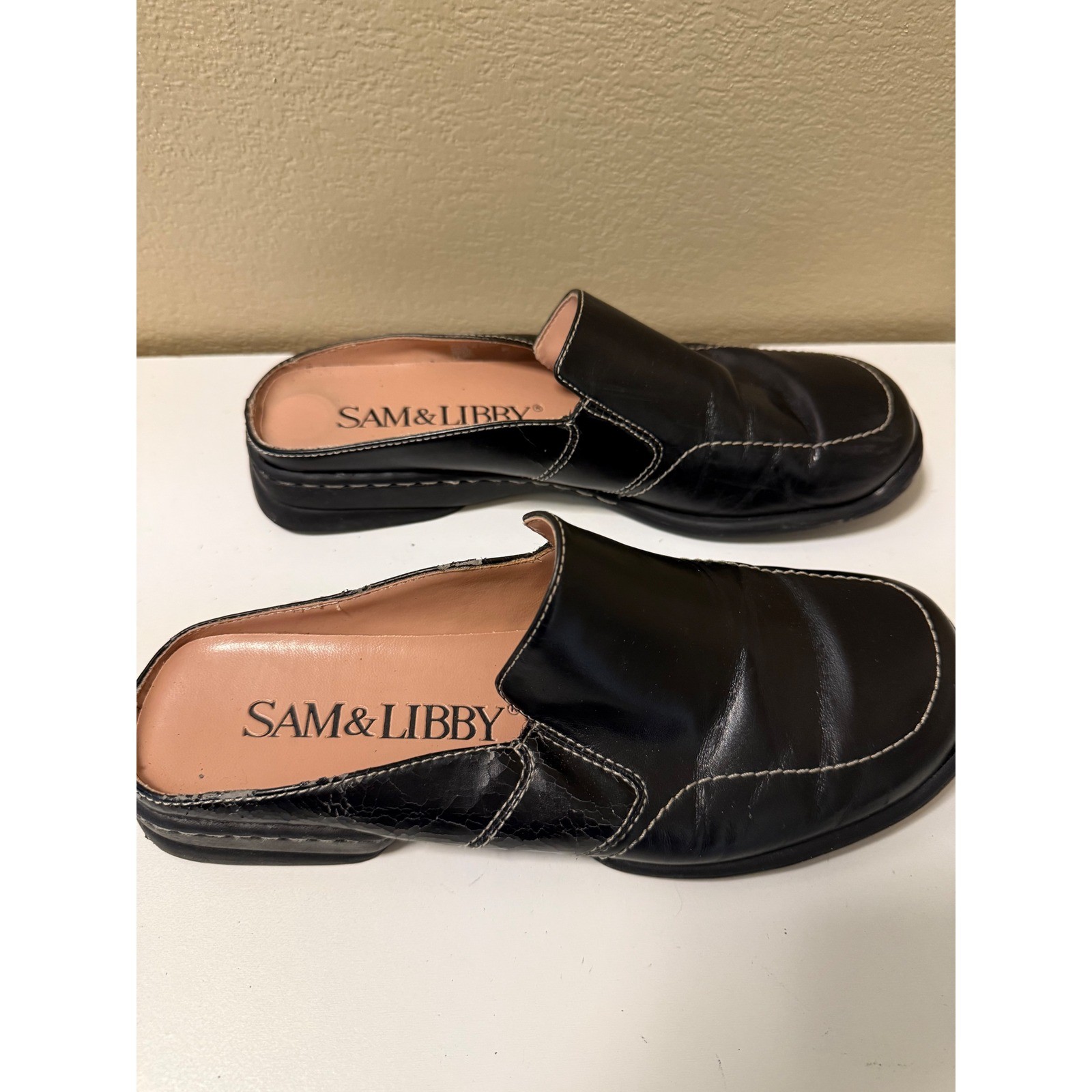 Sam & Libby Laurel Black Leather Mules White Stitching Slip On Loafers Womens 8M