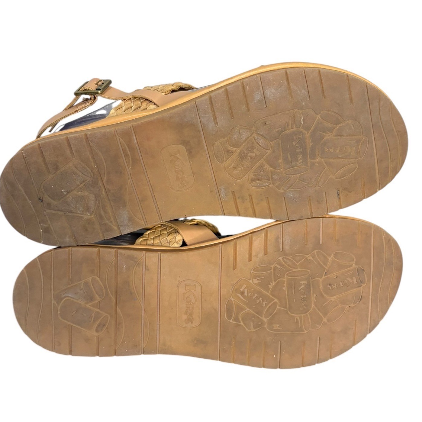 Korks Tan Flat Sandals Woven Straps Buckle Ankle Women’s Size 10