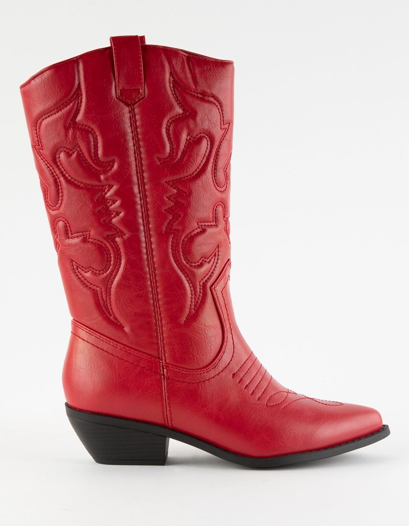 New Red Embroidered Western Cowboy Cowgirl Mid Calf Boots Low Block Heel Pull-On
