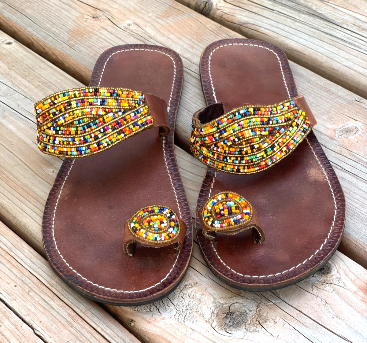 Flat Leather Maasai Beaded Sandals 41 Multicoloured Handmade Boho Beach Tribal