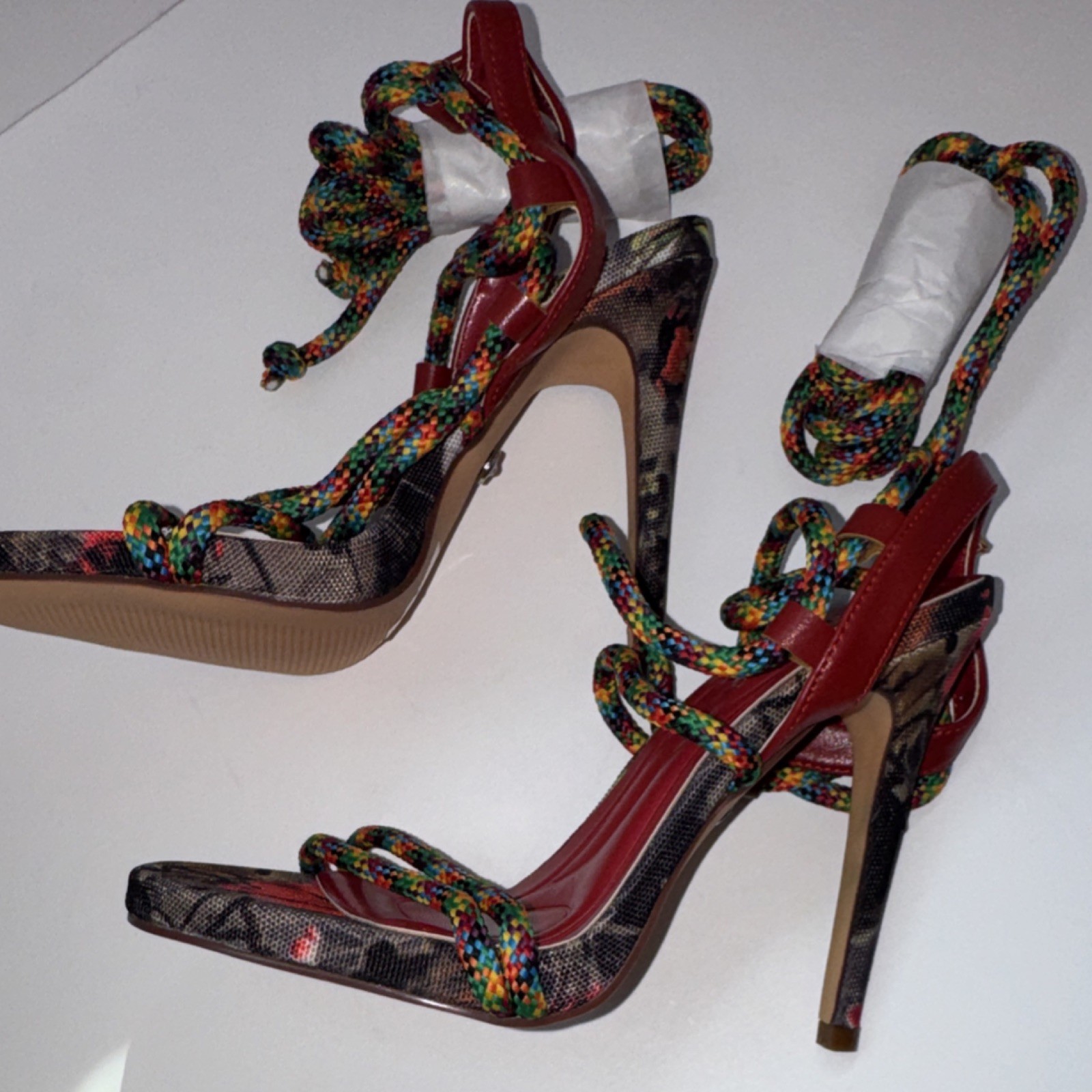 Azalea Wang Red Multicolor Strappy Ankle Strap Stiletto Heel Women’s Sz 6