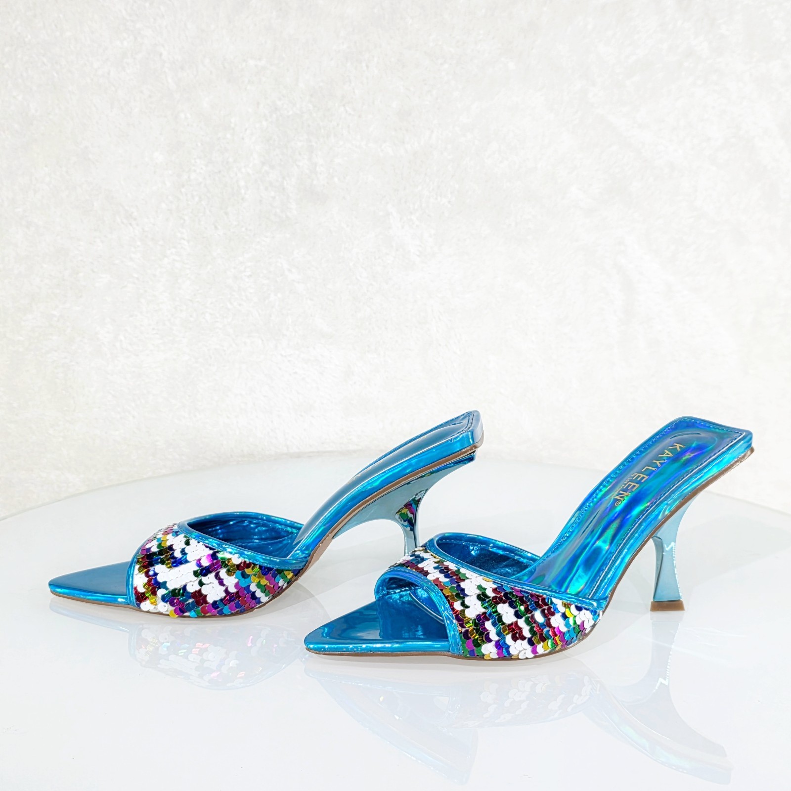 Festive Blue Sequin Slip On 2.5″ Heel Casual Evening Party Shoes