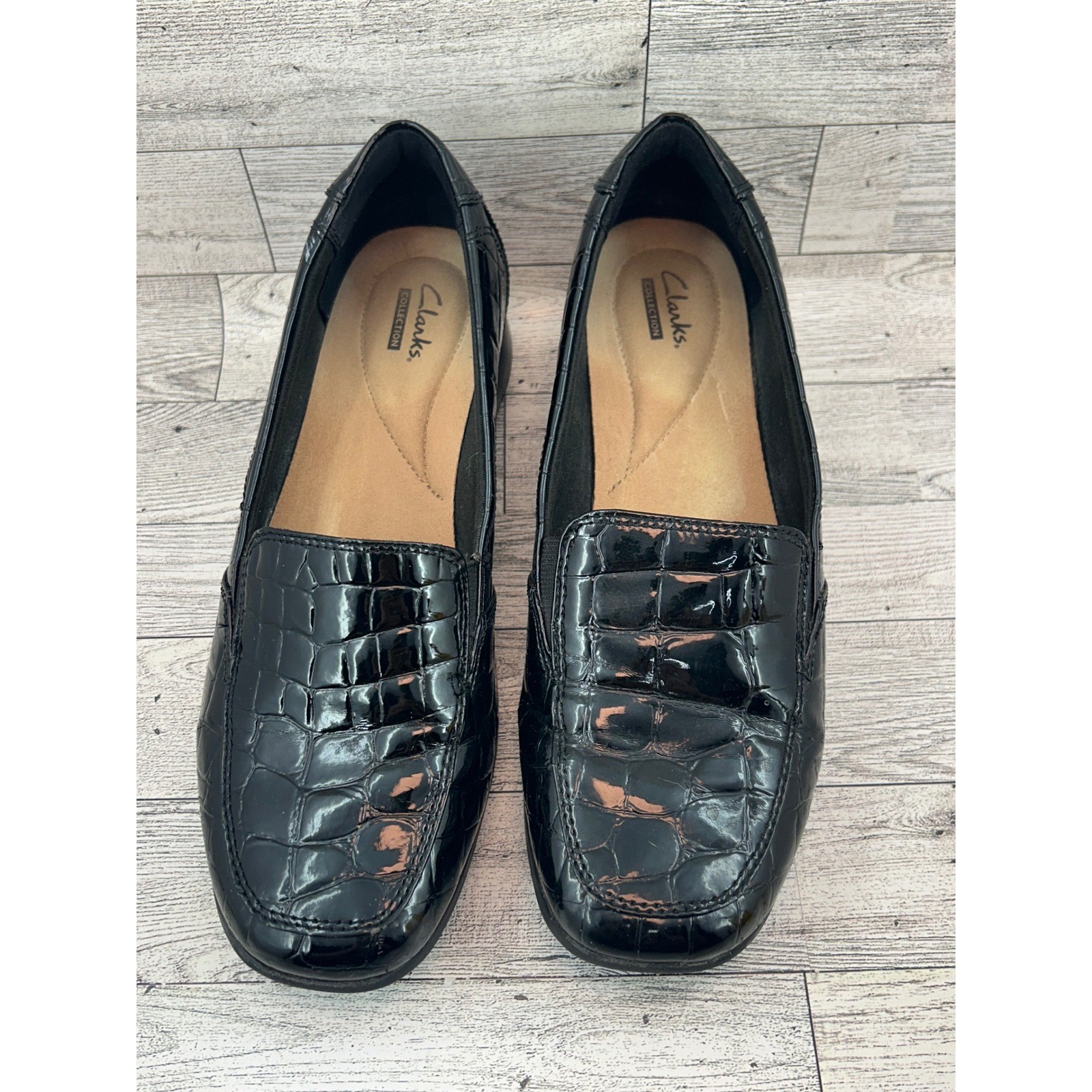 Clarks Collection Black Croc Embossed Leather Loafers Comfortable Womens 8.5M
