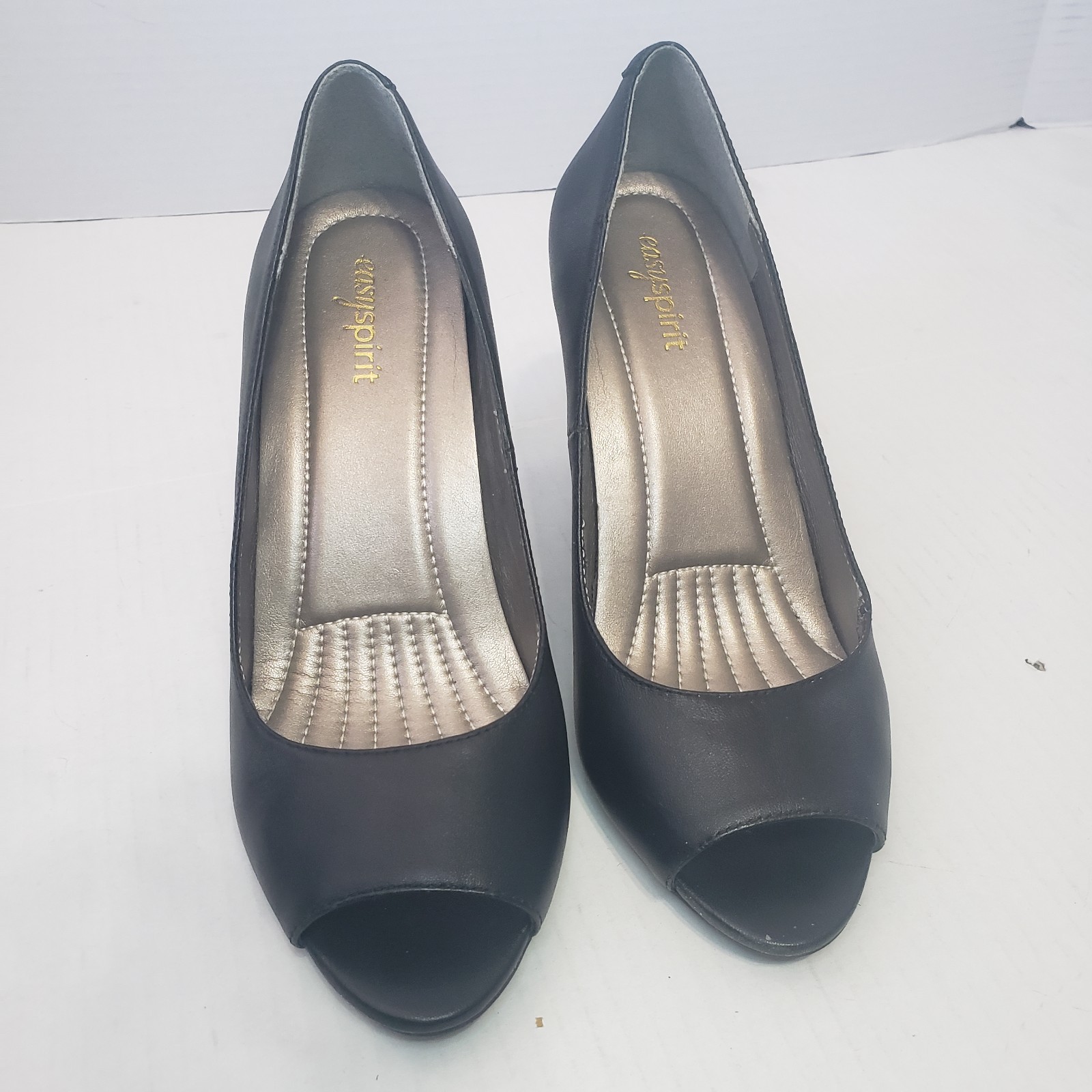 Easy Spirit Shoes Size 7W Black Leather Peep-toe Heels 3.25 inch Dressy Classic