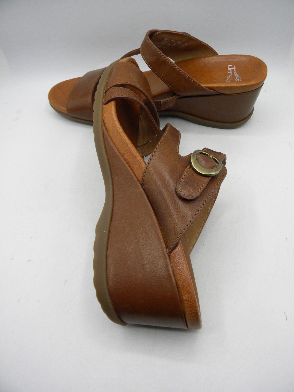 DANSKO Ana Brown Leather Wedge Heel Strappy Slide Sandals Size 40 Display