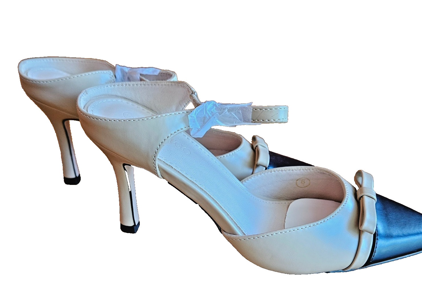 Black and Cream Coutgo Pu Point Toe Bow Detail High Stiletto Court Heels 9