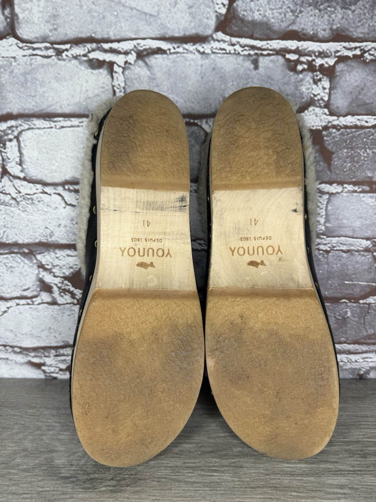 YouYou Sabot Wooden Black Leather French Clogs Slip On Fur Shoes Women 41EU/10.5