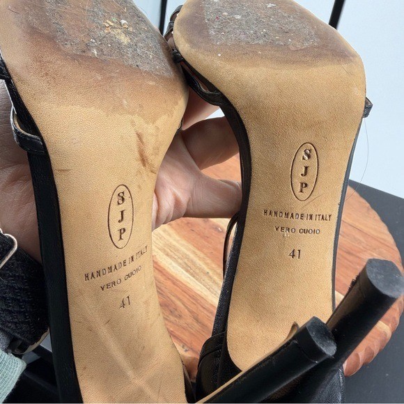 SJP Sarah Jessica Parker Carrie T strap heels black leather sz 41 US 11 4” 100mm