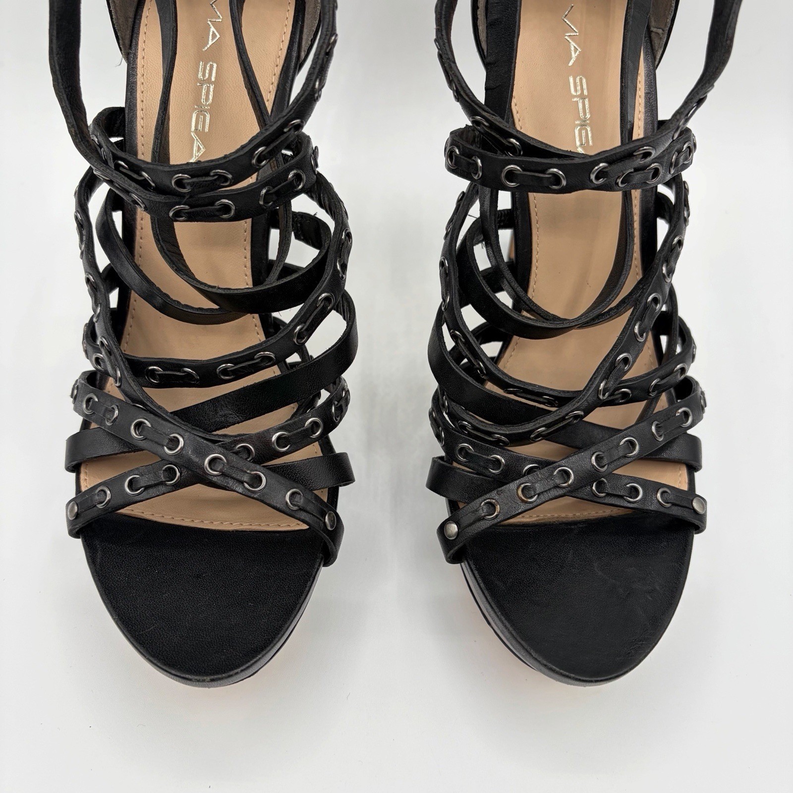 Via Spiga Heels Black Strappy Platform Caged Leather Italy Women’s Shoe Size 7.5
